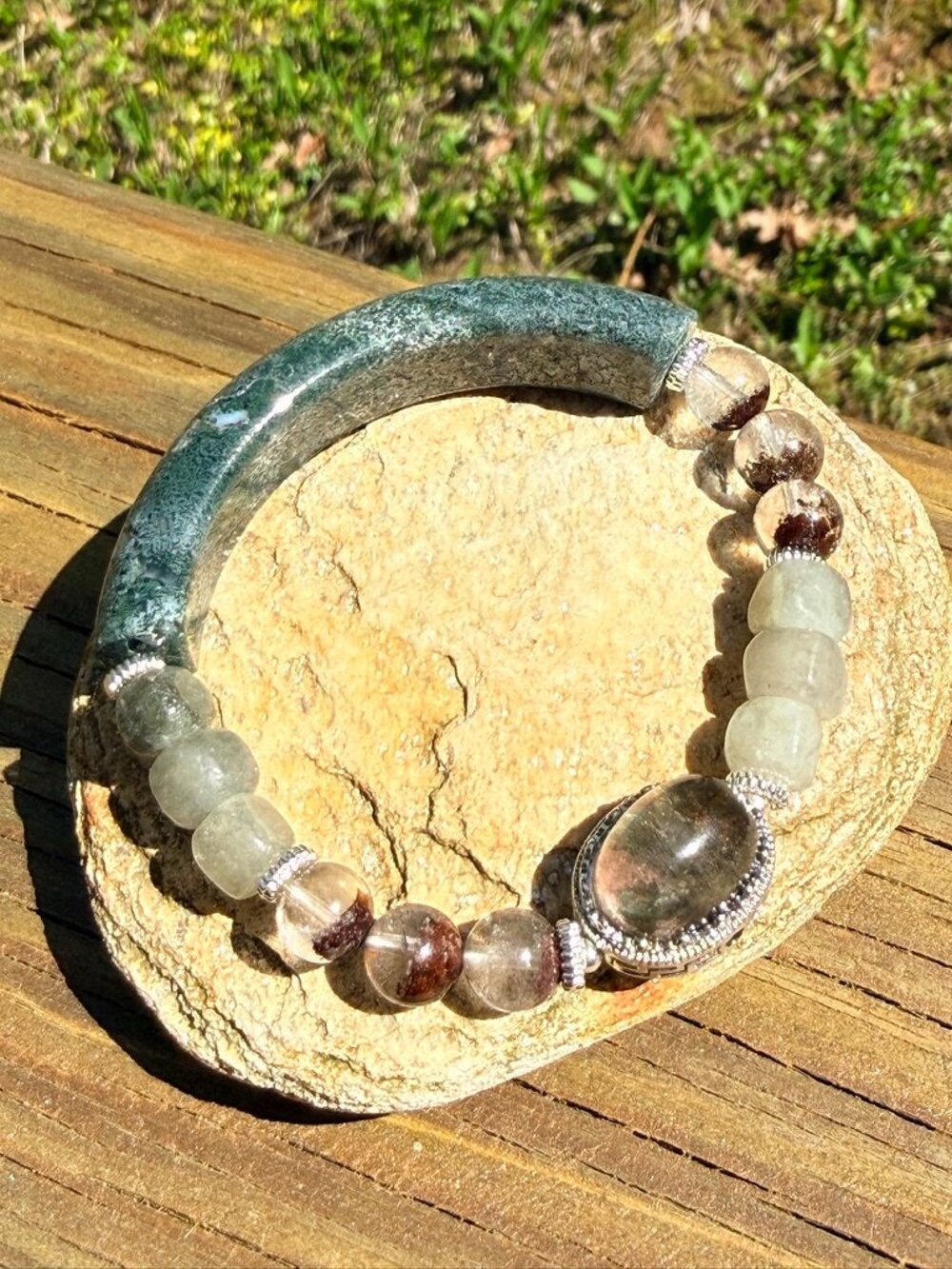 Moss Agate Half Bangle Bracelet • Wearable Nature Art
